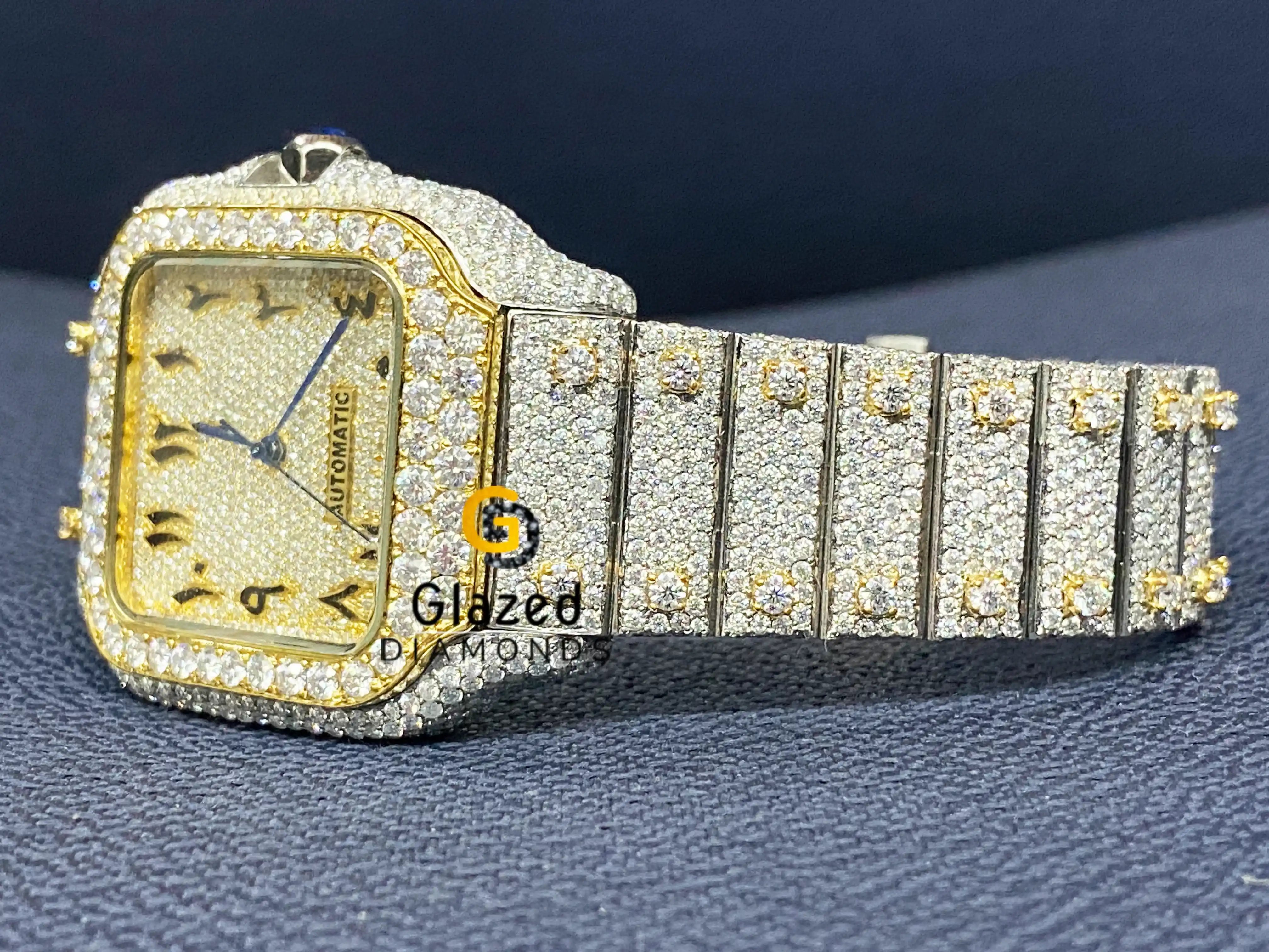 Arabic Numeral Yellow Two Tone Iced Out Luxury Moissanite Watch