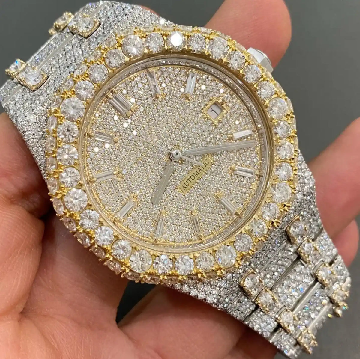 Hip Hop Style Two Tone Moissanite Baguette Bar Iced Out Watch