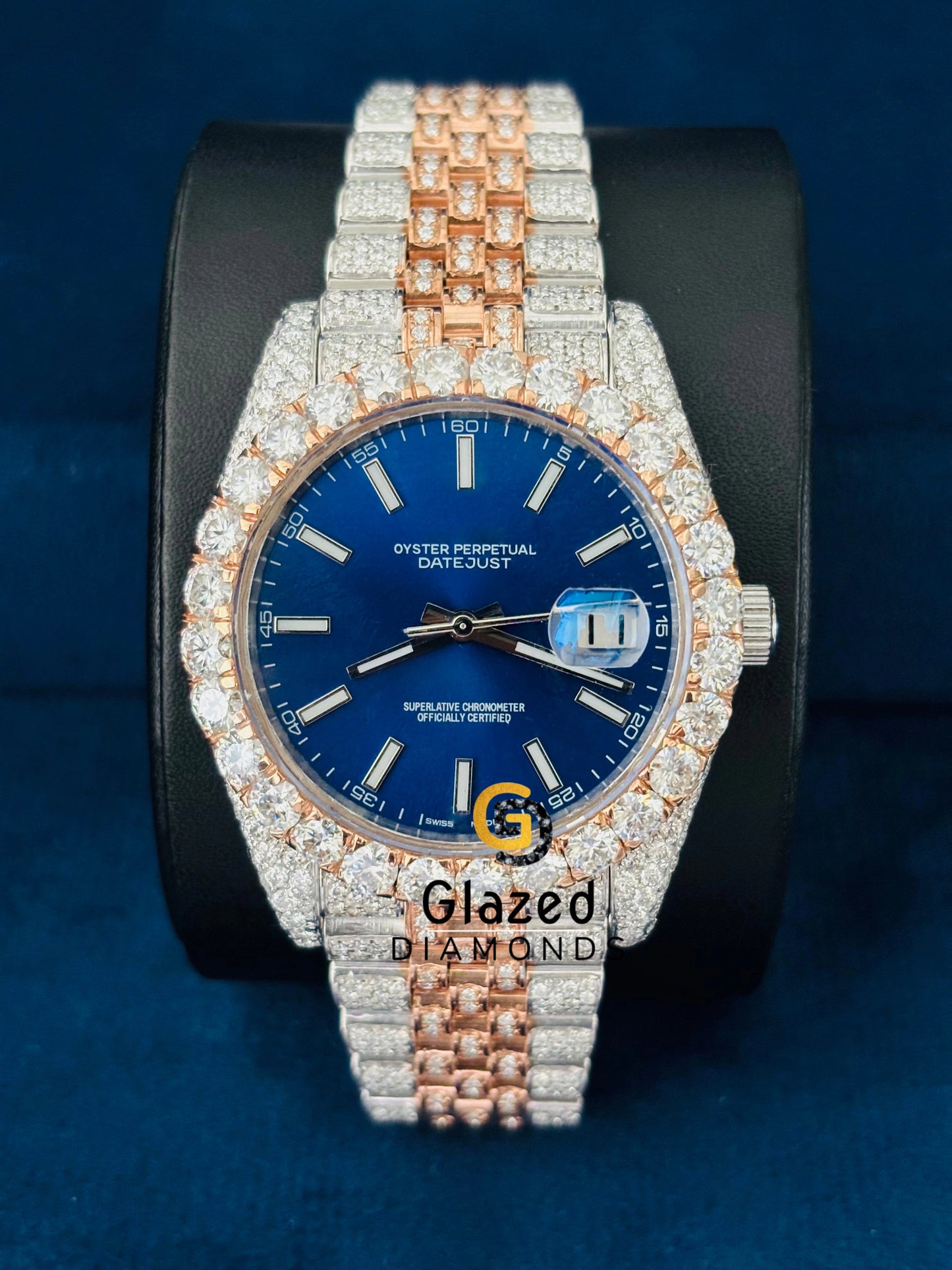 Stainless Steel Iced Out Jubilee Strap Blue Dial Moissanite Watch