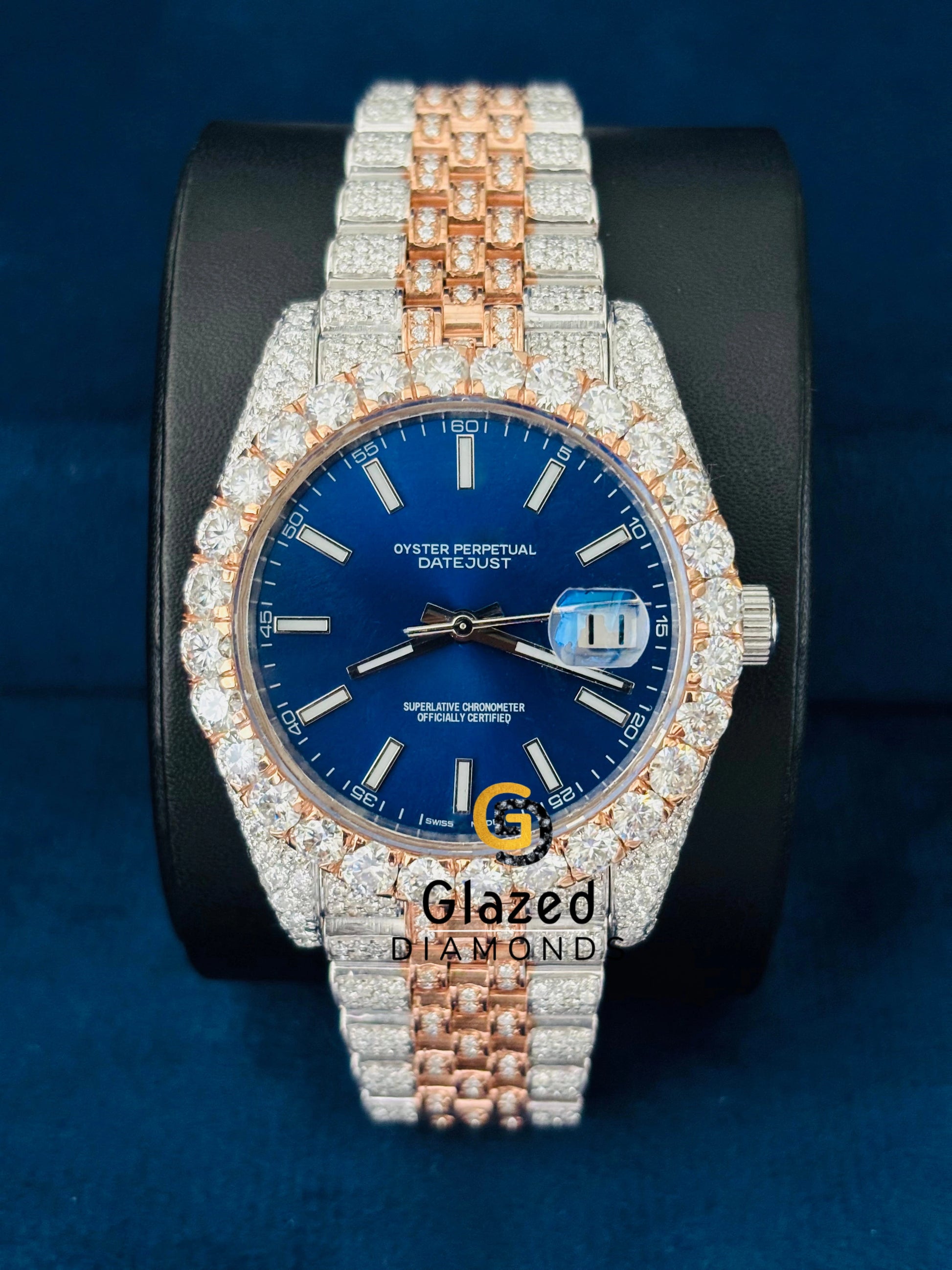 Stainless Steel Iced Out Jubilee Strap Blue Dial Moissanite Watch