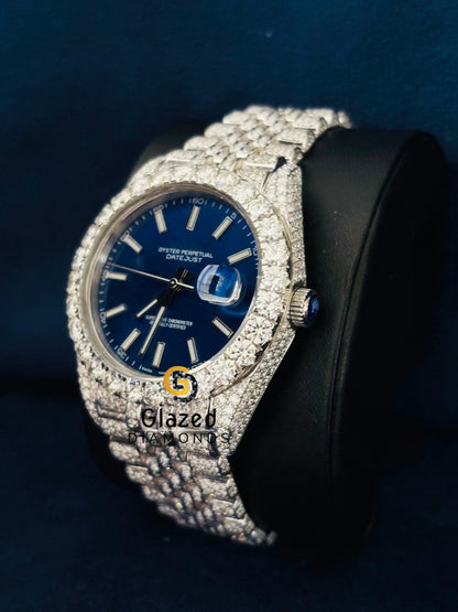 Stainless Steel Jubilee Strap Blue Dial Moissanite Watch