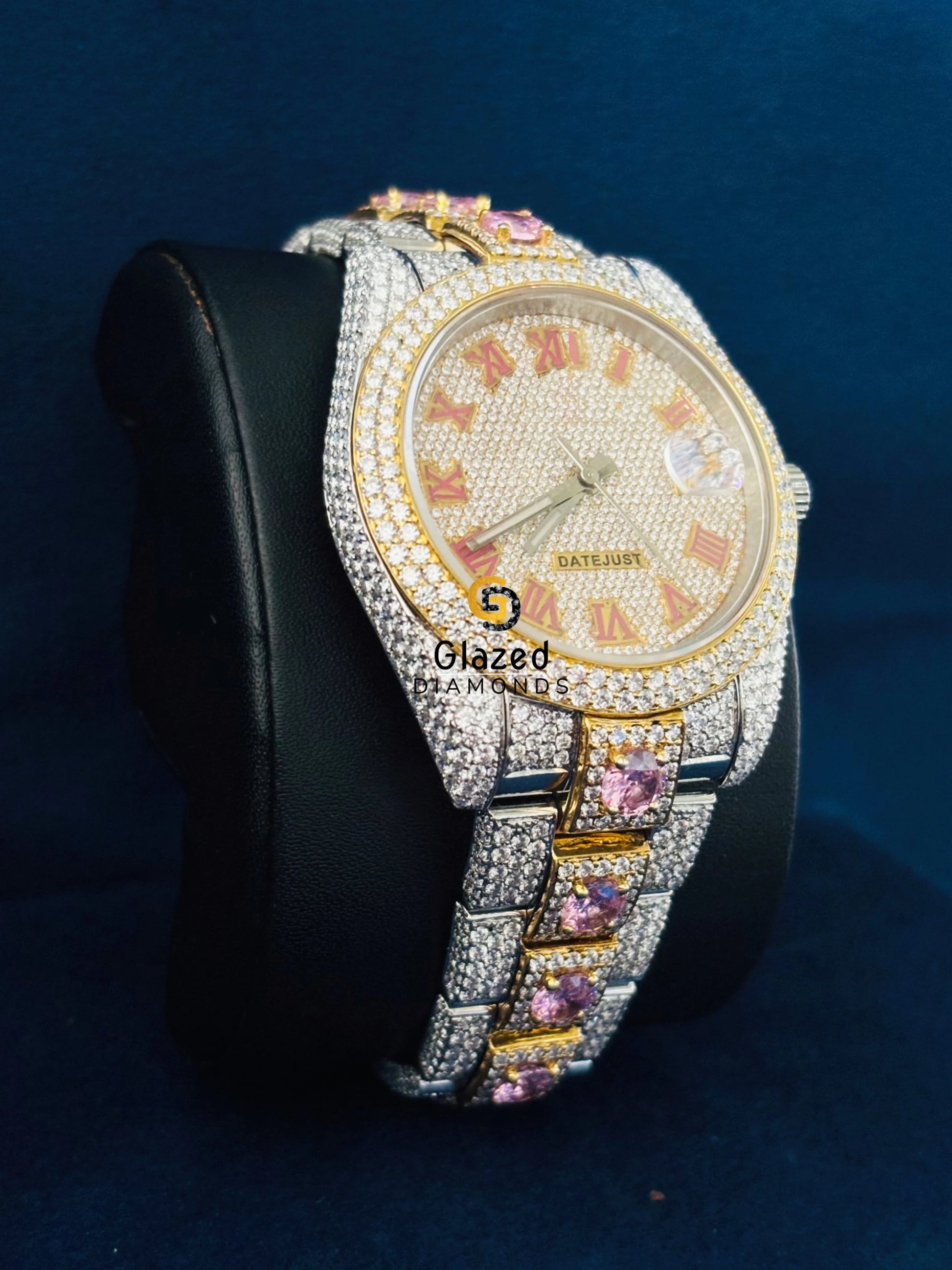 Stainless Steel Pink Diamond Roman Number Fully Iced Out Moissanite Watch