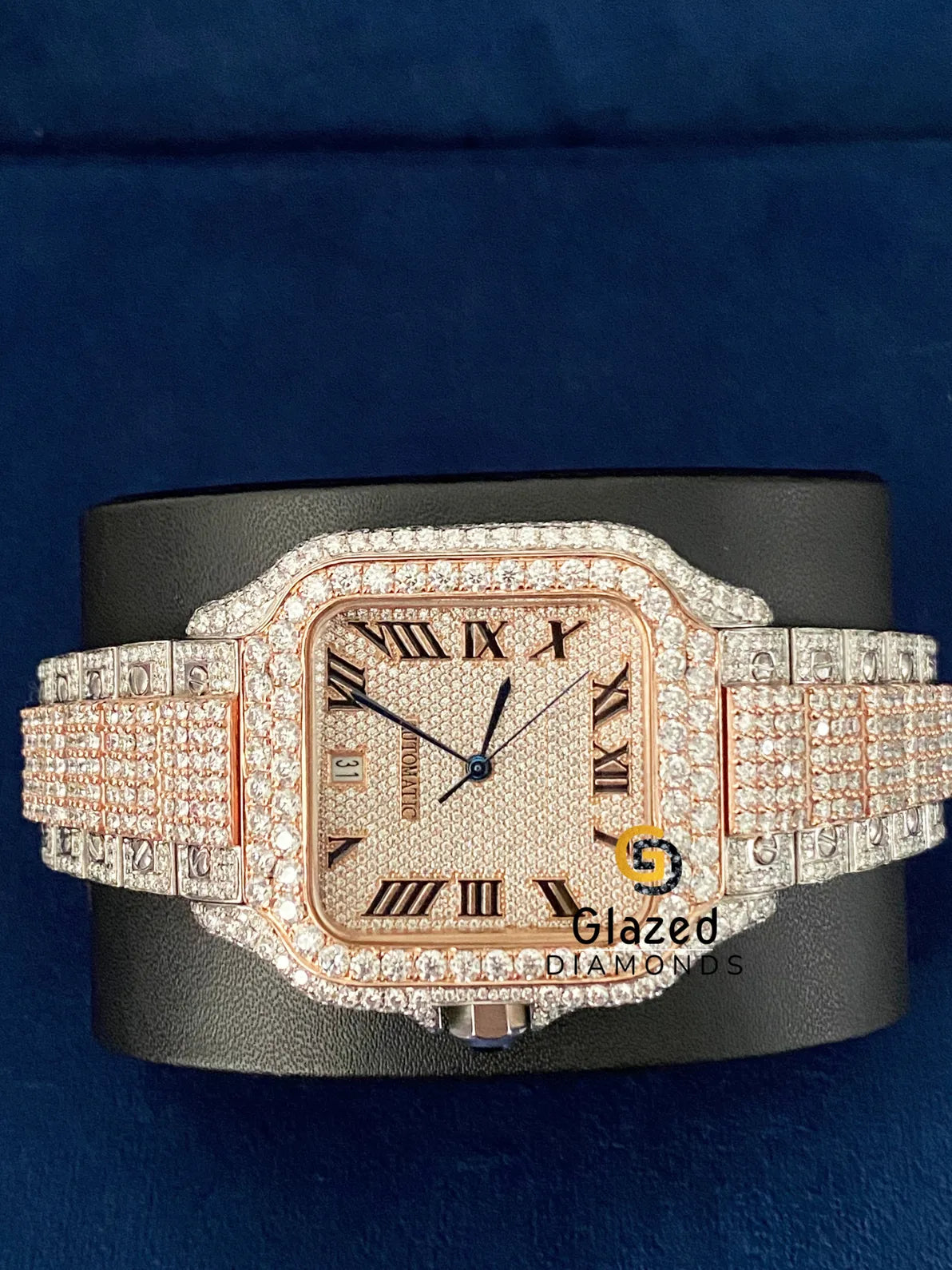 Stainless Steel Roman Dial Moissanite Diamond Studded Watch