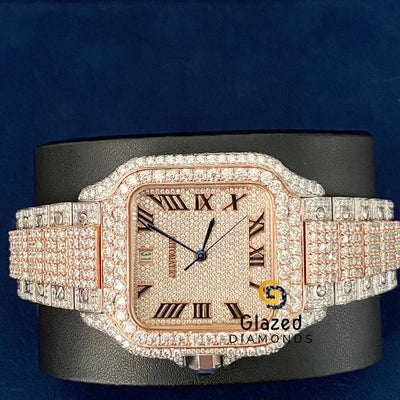 Stainless Steel Roman Dial Moissanite Diamond Studded Watch