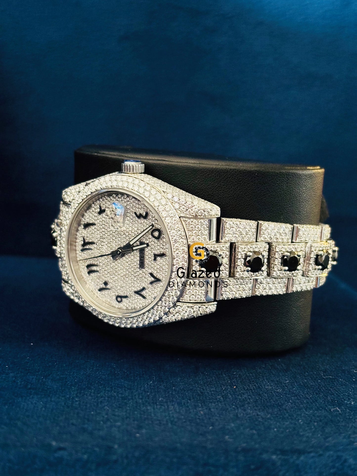 Stainless Steel Round Moissanite Fully Iced Out Black Moissanite Watch