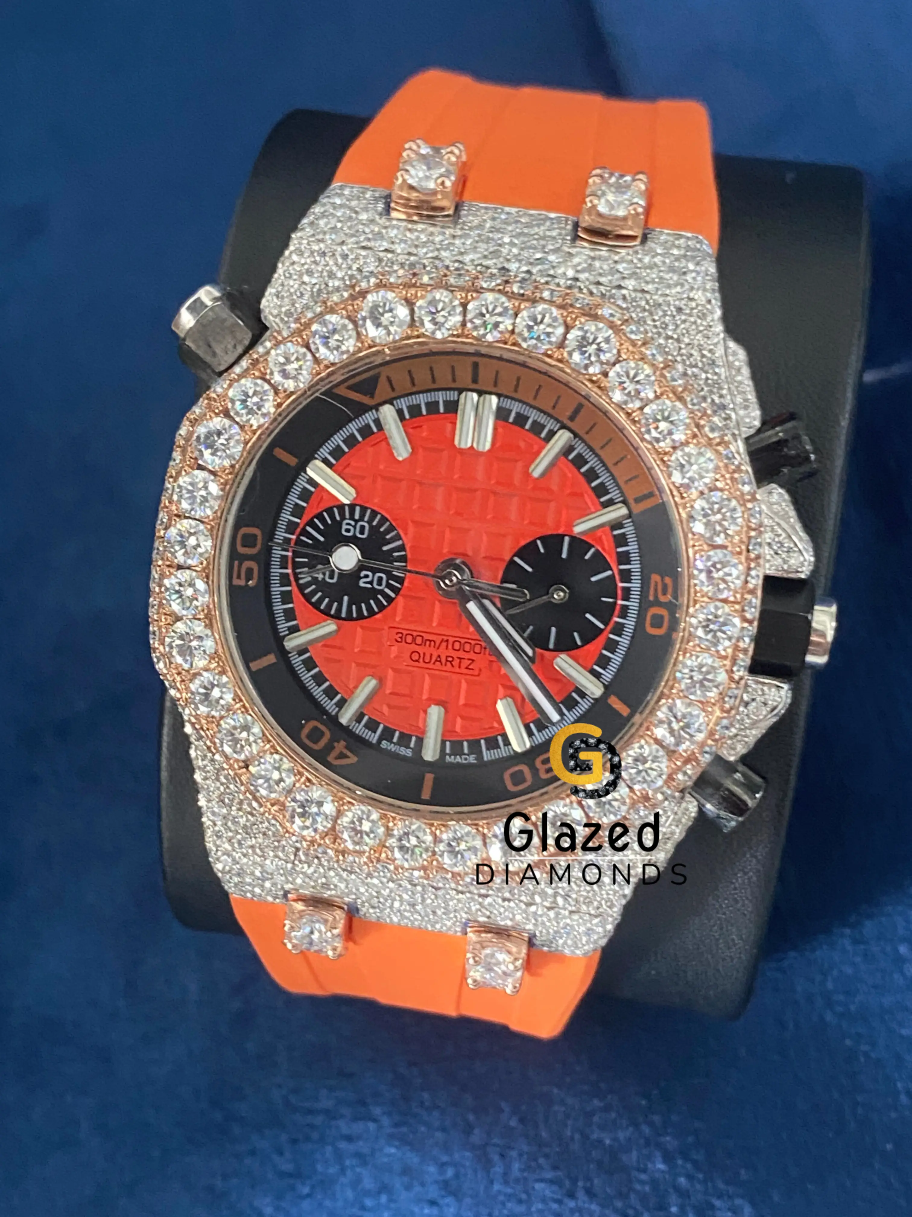 Orange Silicone Strap Chronograph Face Dial Moissanite Watch