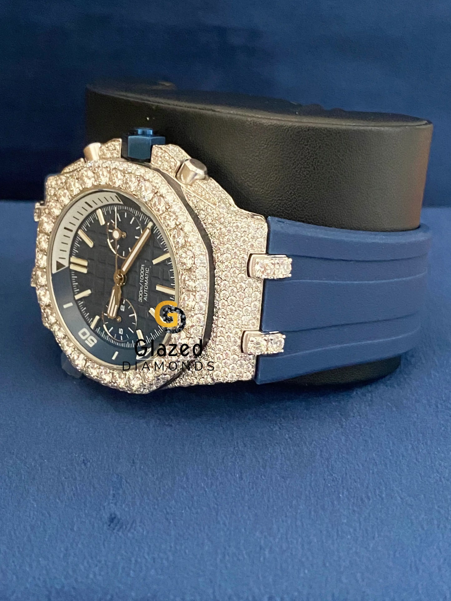 Stick Dial Chronograph Blue Silicone Strap Moissanite Watch