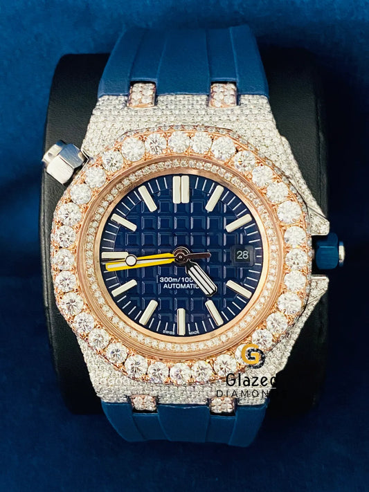 Stick Dial Round VVs Moissanite Silicone Strap Hip Hop Watch