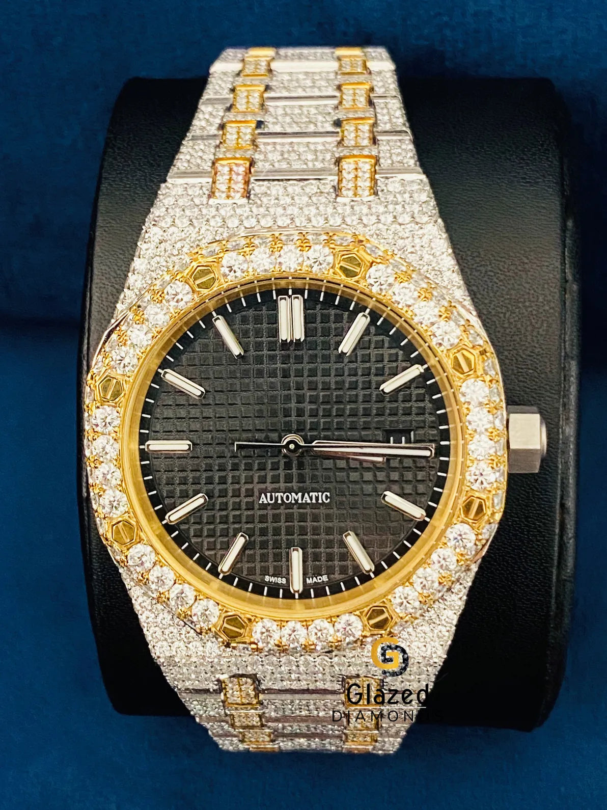 Stick Dial Two Tone Fully Iced Out Round Moissanite Watch