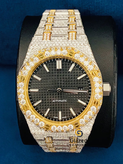 Stick Dial Two Tone Fully Iced Out Round Moissanite Watch
