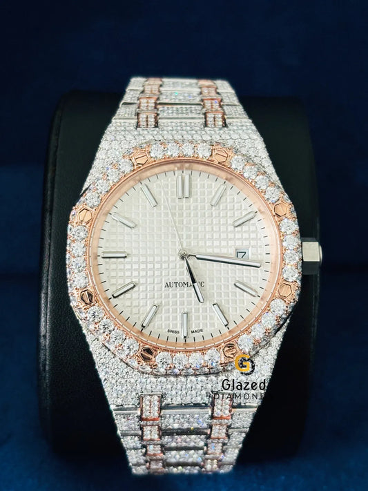 Stick Dial Two Tone Round Moissanite Hip Hop Watch