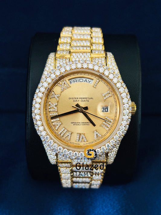 Yellow Dial Studded Roman Number Moissanite Watch