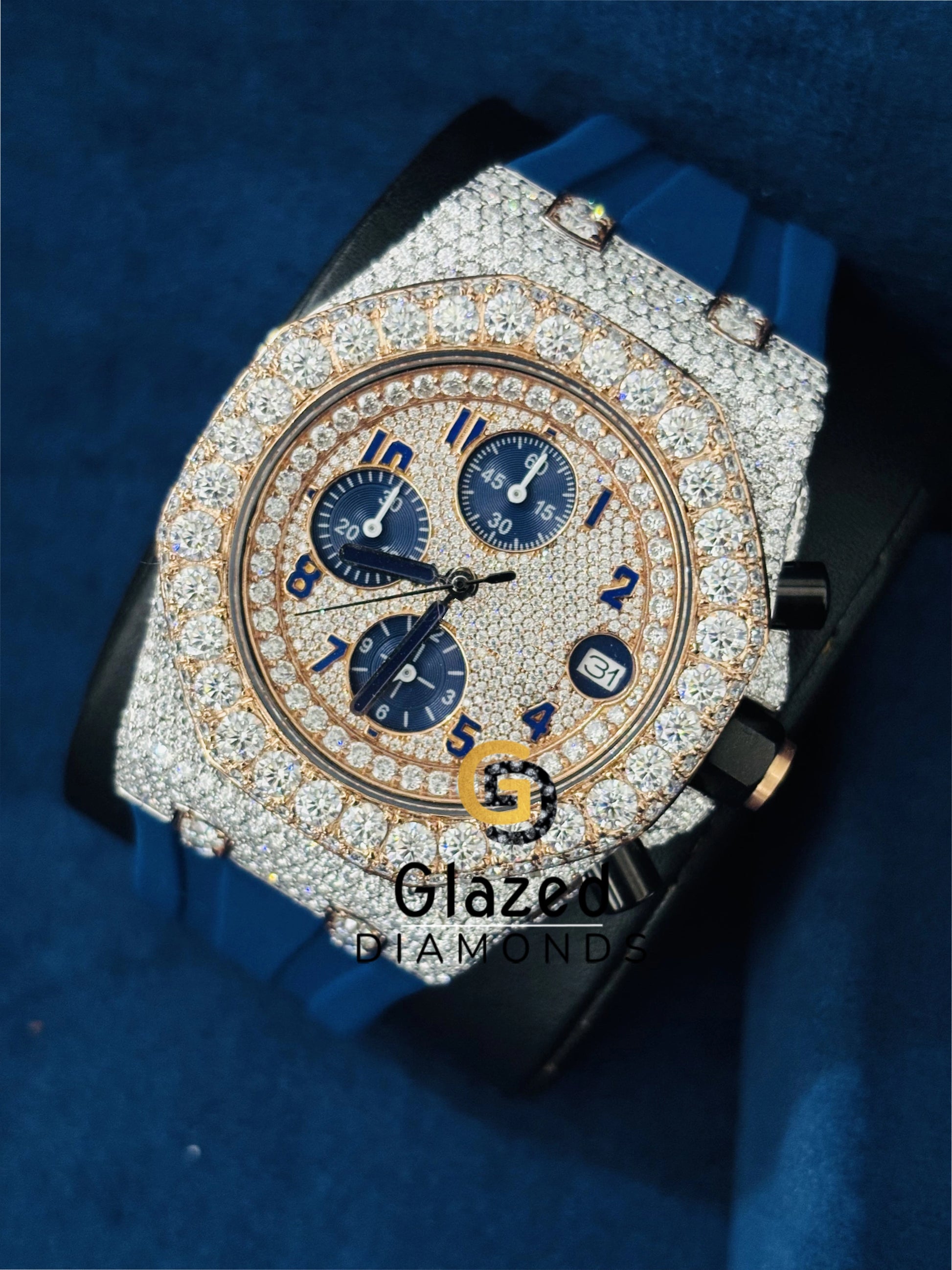 Studded Moissanite Blue Chronograph Watch