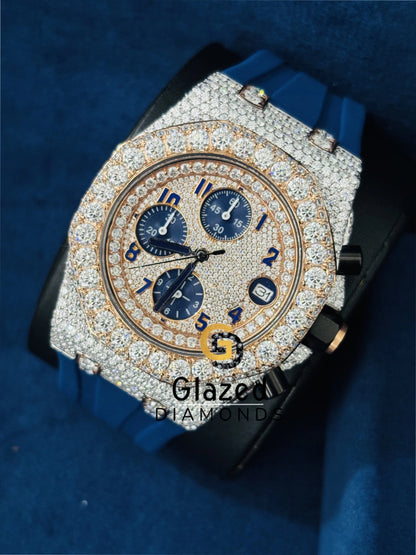 Studded Moissanite Blue Chronograph Watch