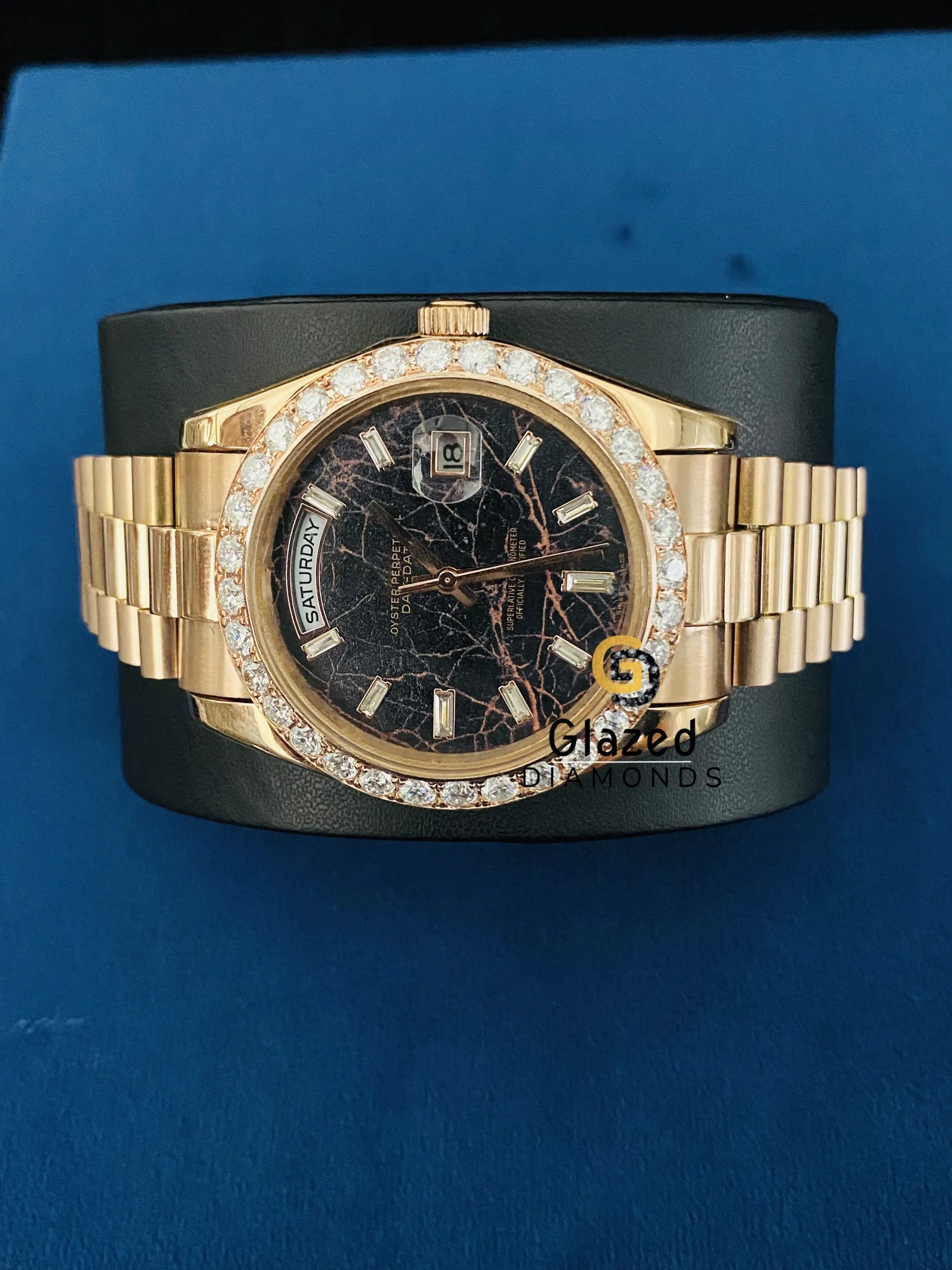 Stunning Black Bezel Stick Dial Bust Down Presidential Strap VVS Moissanite Watch