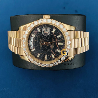 Stunning Black Bezel Stick Dial Bust Down Presidential Strap VVS Moissanite Watch