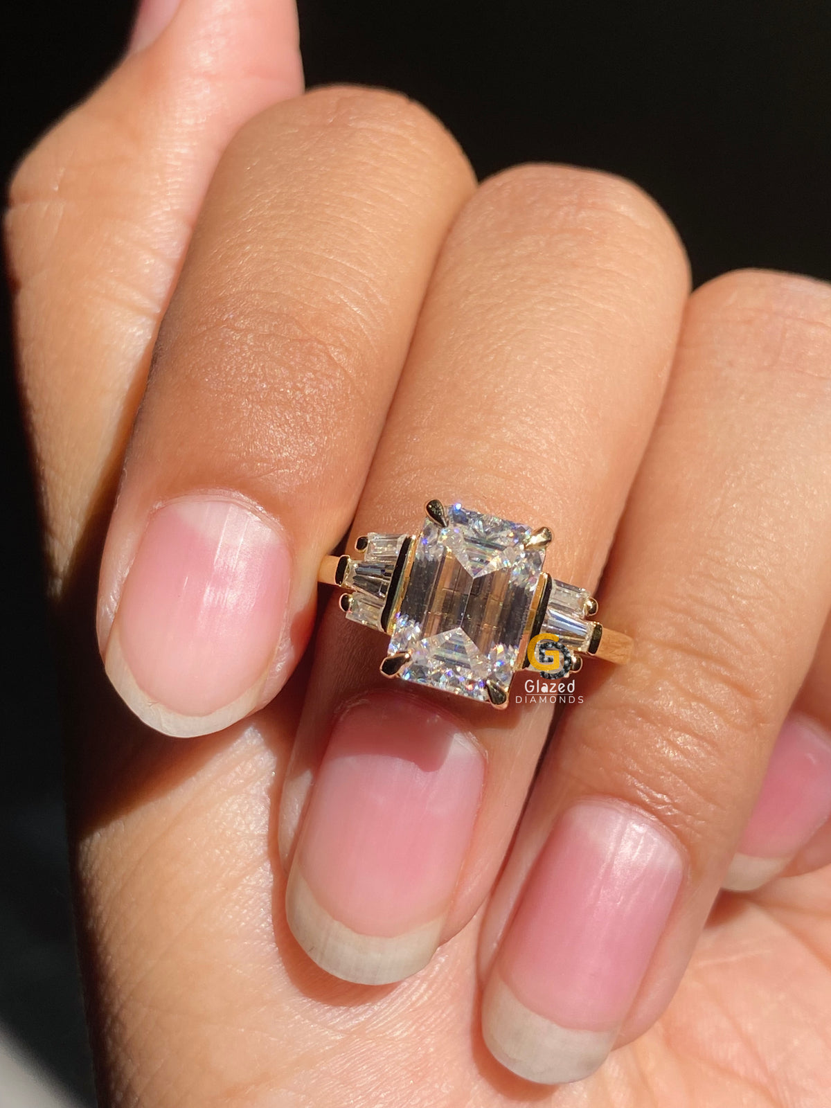 3 CT Emerald Cut Three Stone Side Baguette Moissanite Engagement Ring For Her