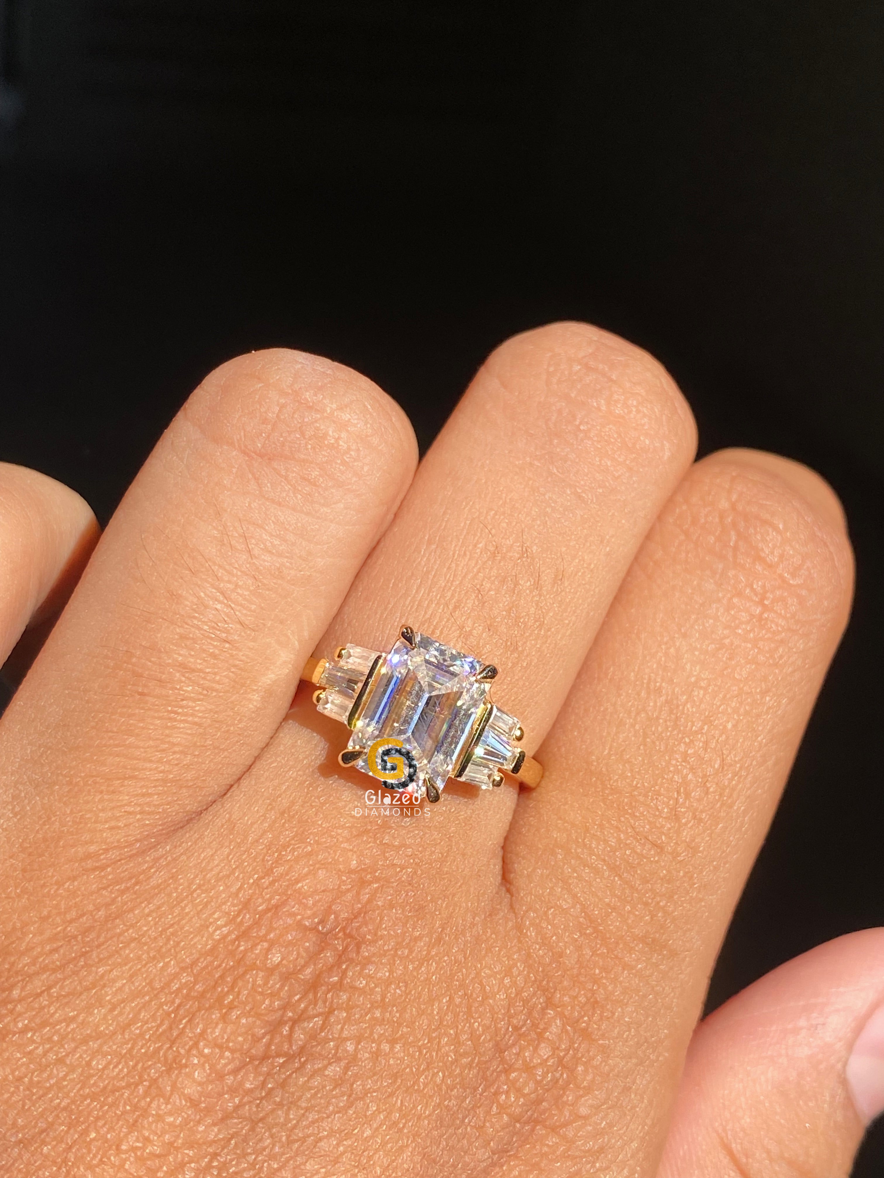 3 CT Emerald Cut Three Stone Side Baguette Moissanite Engagement Ring For Her