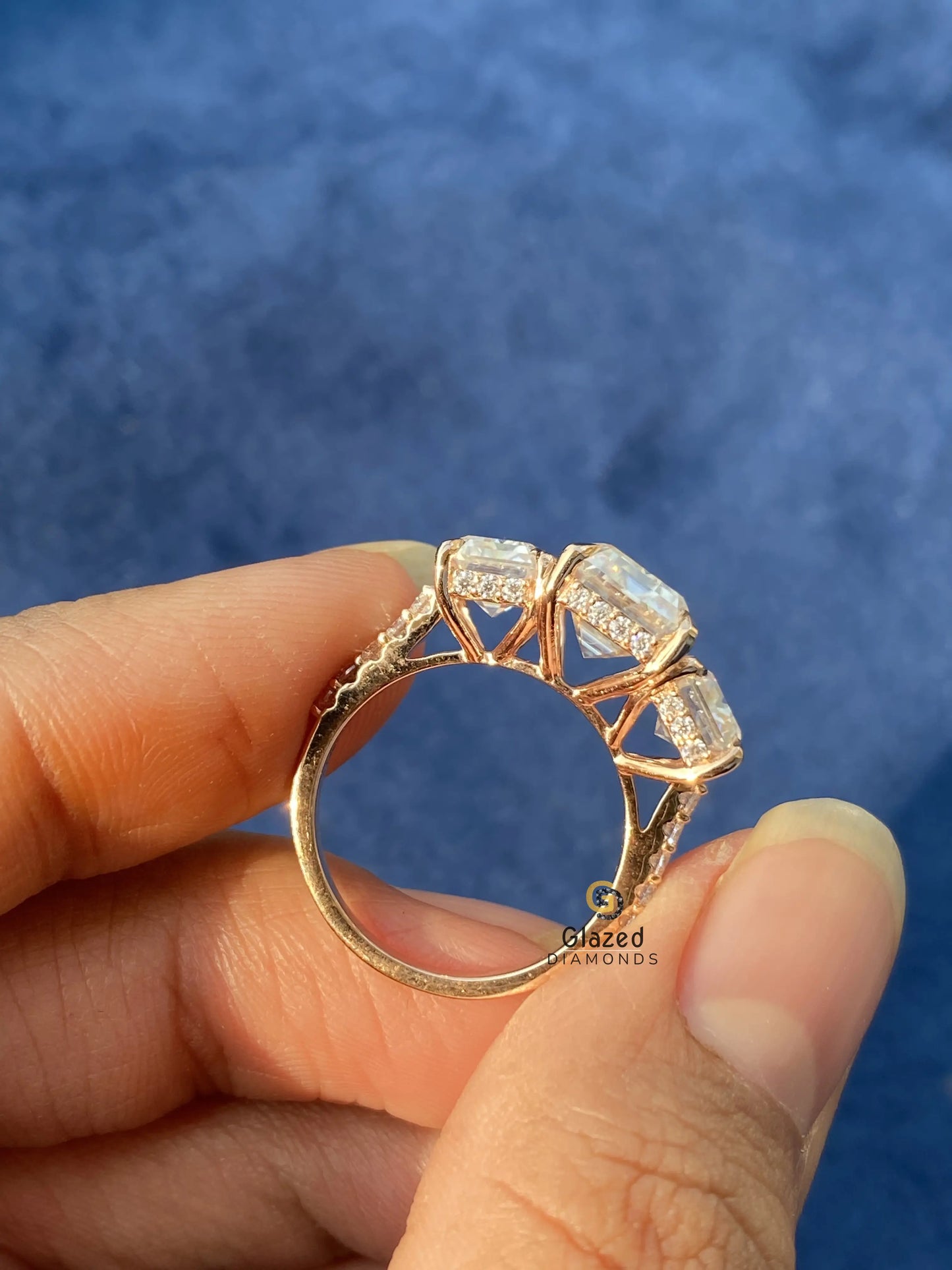 Three Stone Emerald Cut Hidden Halo Ring 