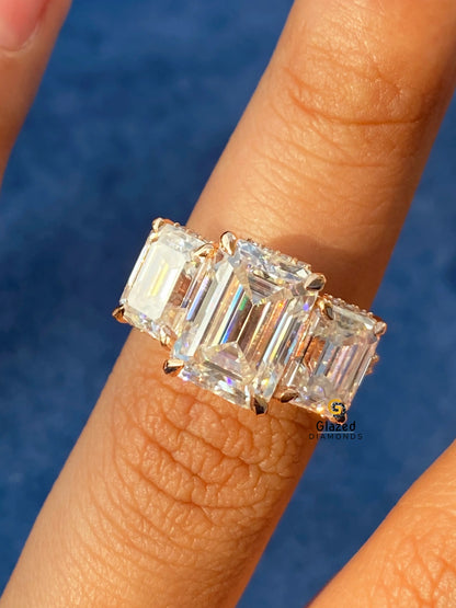 Three Stone Hidden Halo Moissanite Wedding Ring For Her