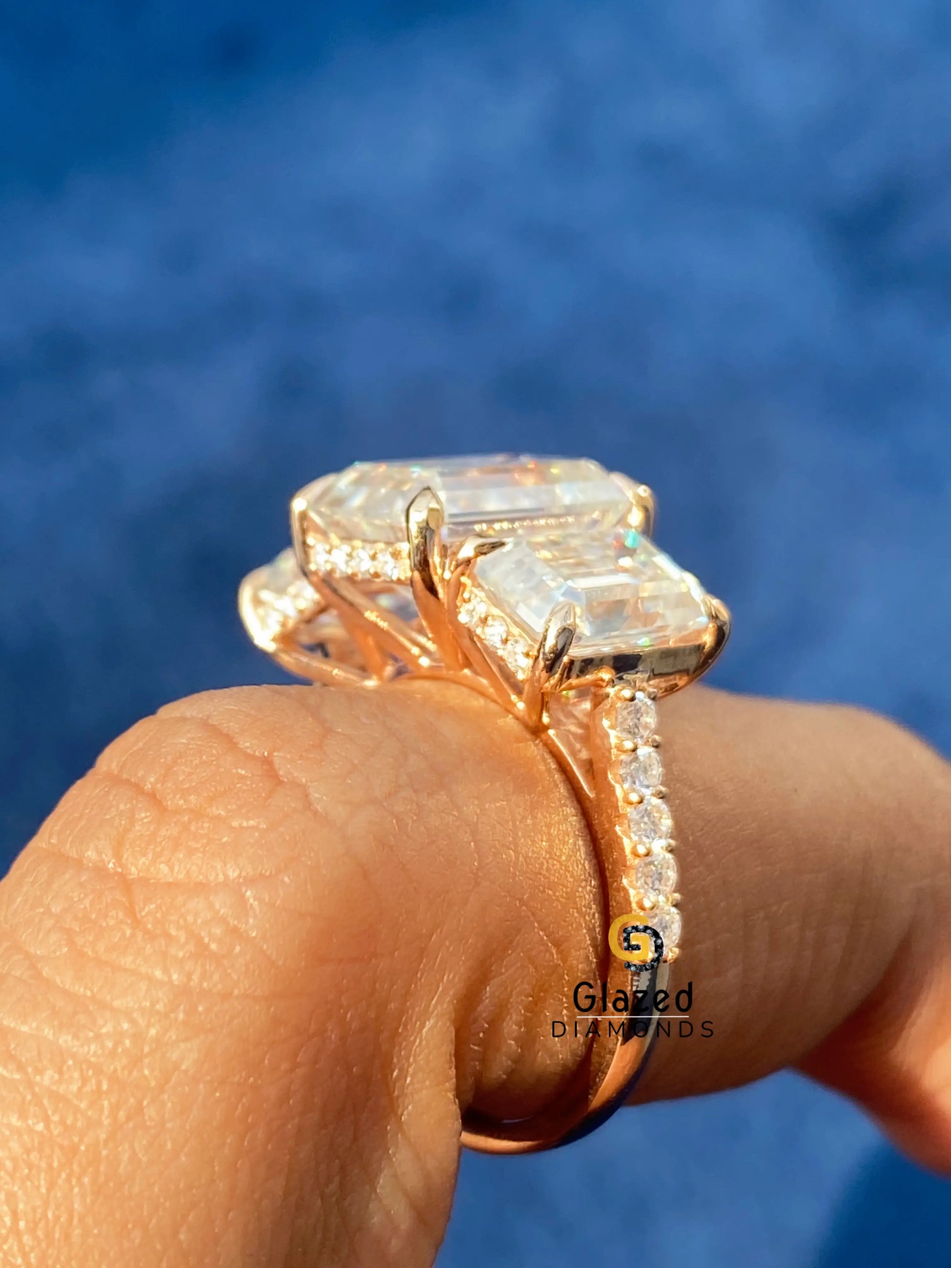 Three Stone Hidden Halo Moissanite Wedding Ring For Women