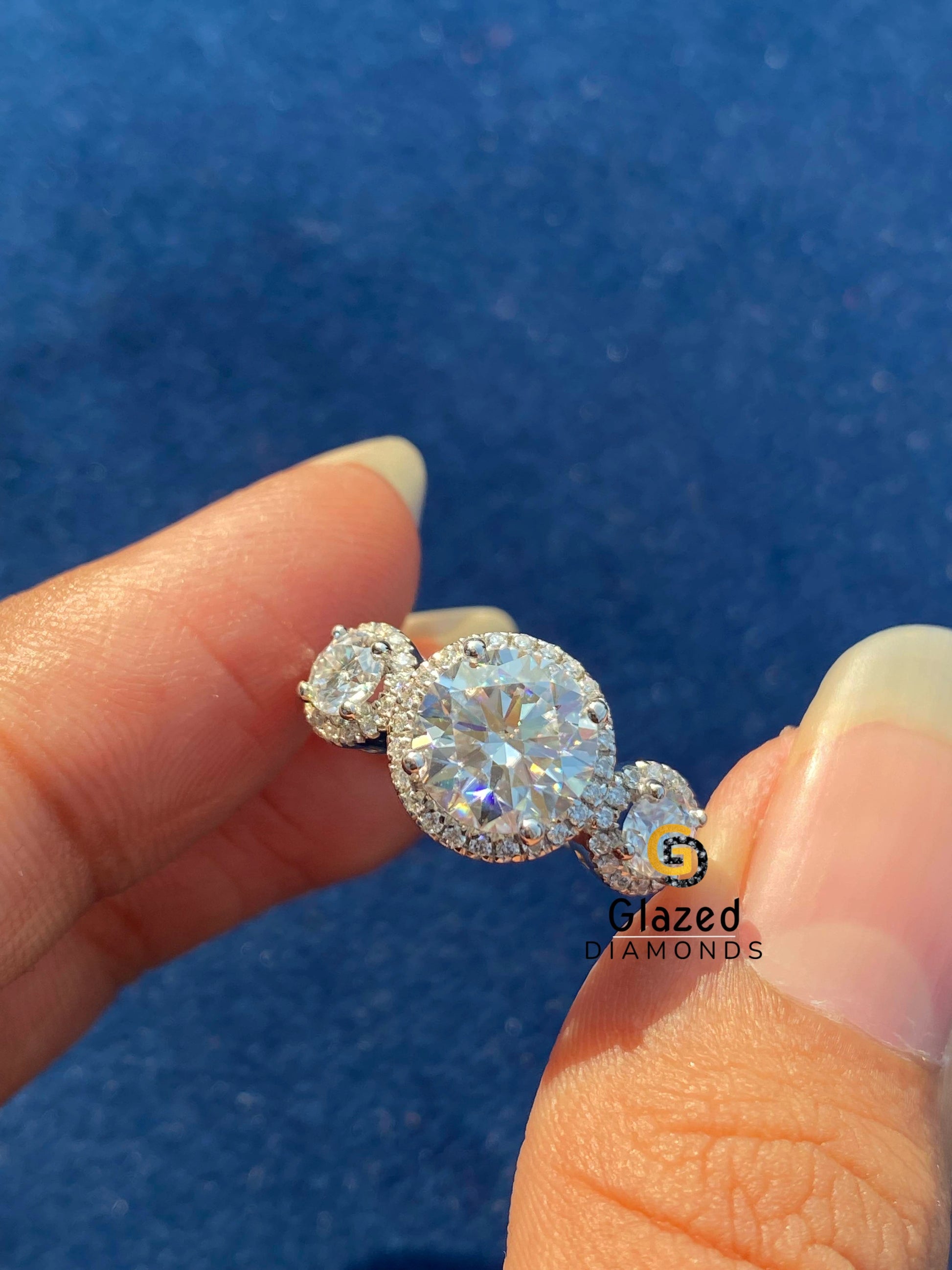 Three Stone Moissanite Halo Ring