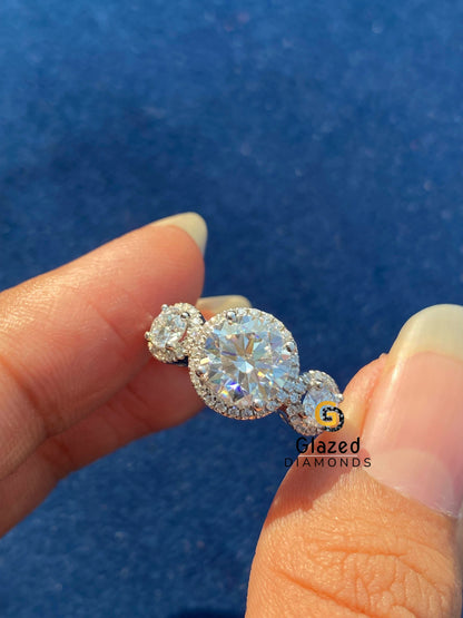 Three Stone Moissanite Halo Ring