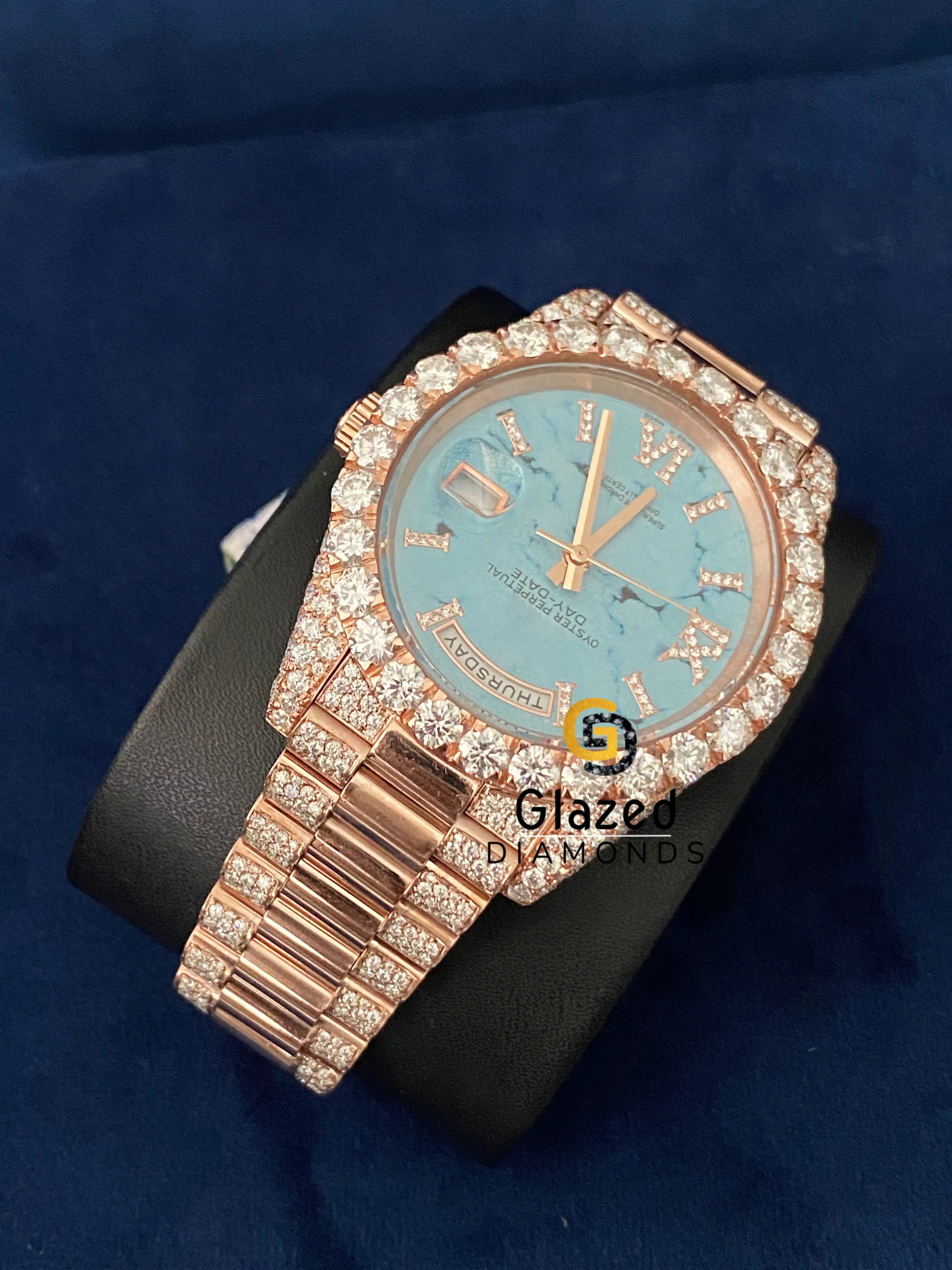 Turquoise Marble Dial Presidential Strap Day Date Moissanite Watch
