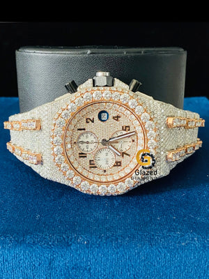 Two Tone Chronograph Dial Moissanite Diamond Studded Watch