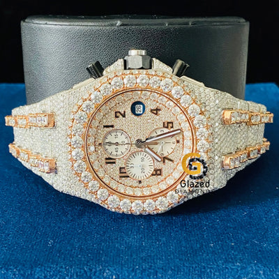 Two Tone Chronograph Dial Moissanite Diamond Studded Watch
