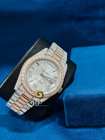 Two Tone Light Silver Sunburst Dial Moissanite Watch