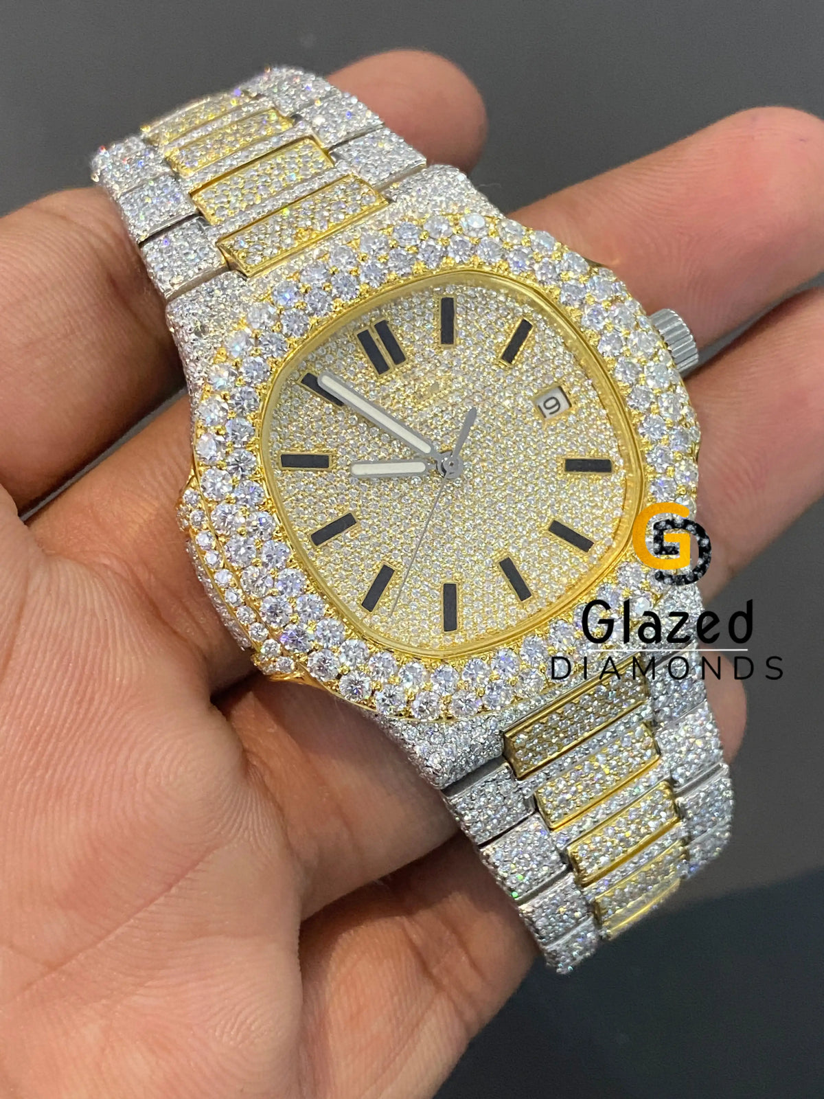 Men's Stainless Steel Full Iced Out Moissanite Two Tone Watch