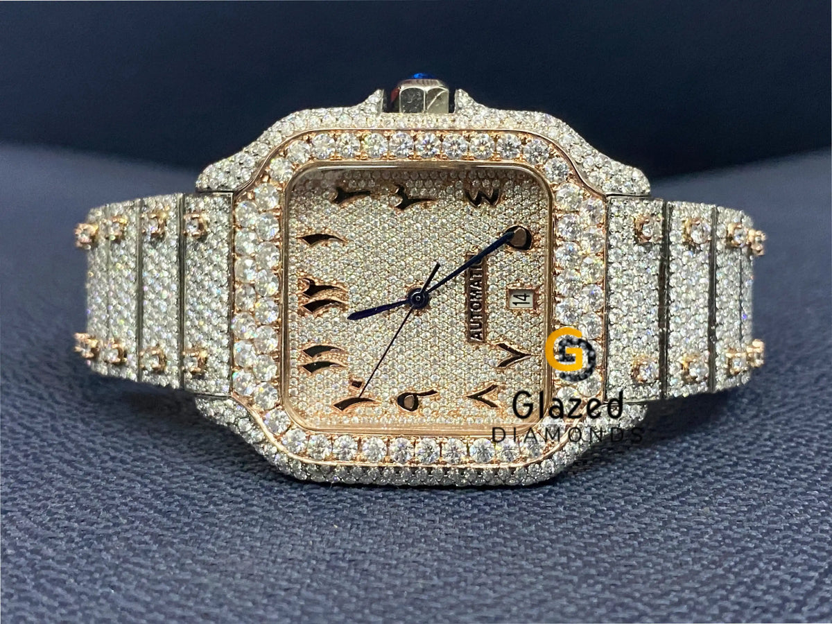 Arabic Dial Full Iced Out Two Tone Moissanite Watch