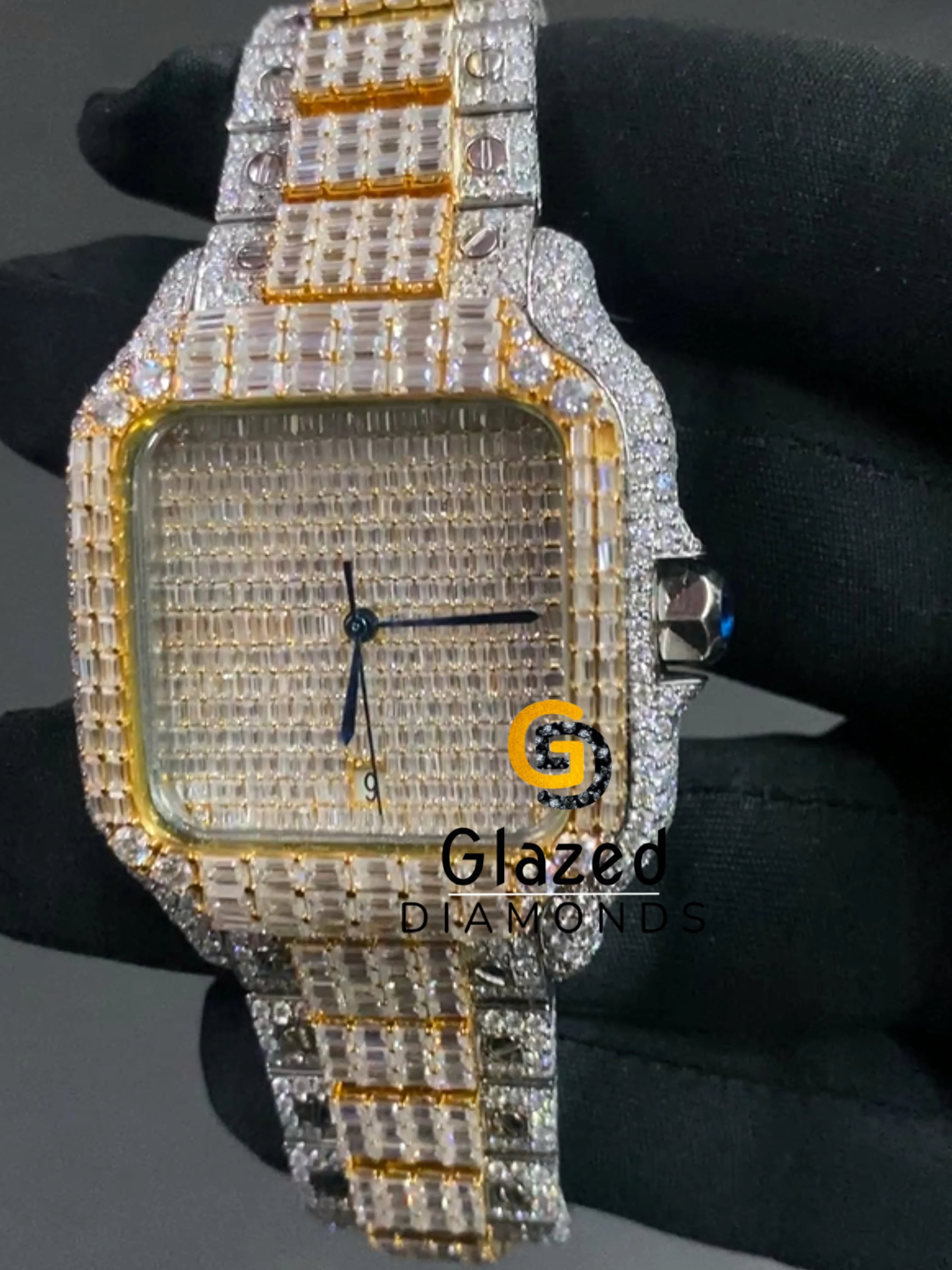 VVS Baguette Moissanite Yellow Two Tone Luxury Studded Watch