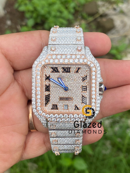 Two Tone Iced Out Roman Number Moissanite Flooded Watch