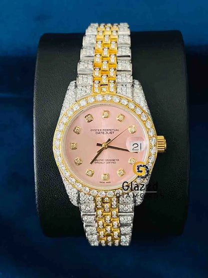 Dual Tone Pink Dial Bezel Bar Studded Moissanite Watch