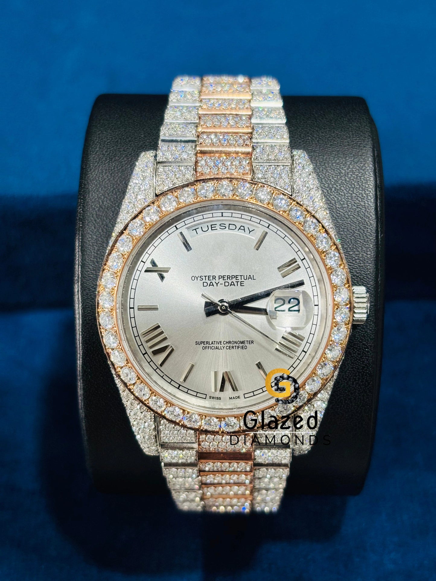 Two Tone Light Silver Sunburst Dial Moissanite Watch