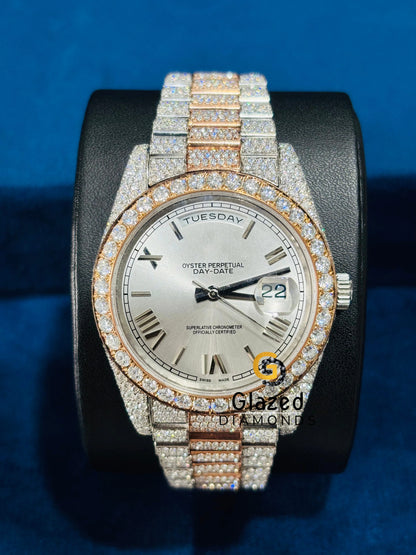 Two Tone Light Silver Sunburst Dial Moissanite Watch