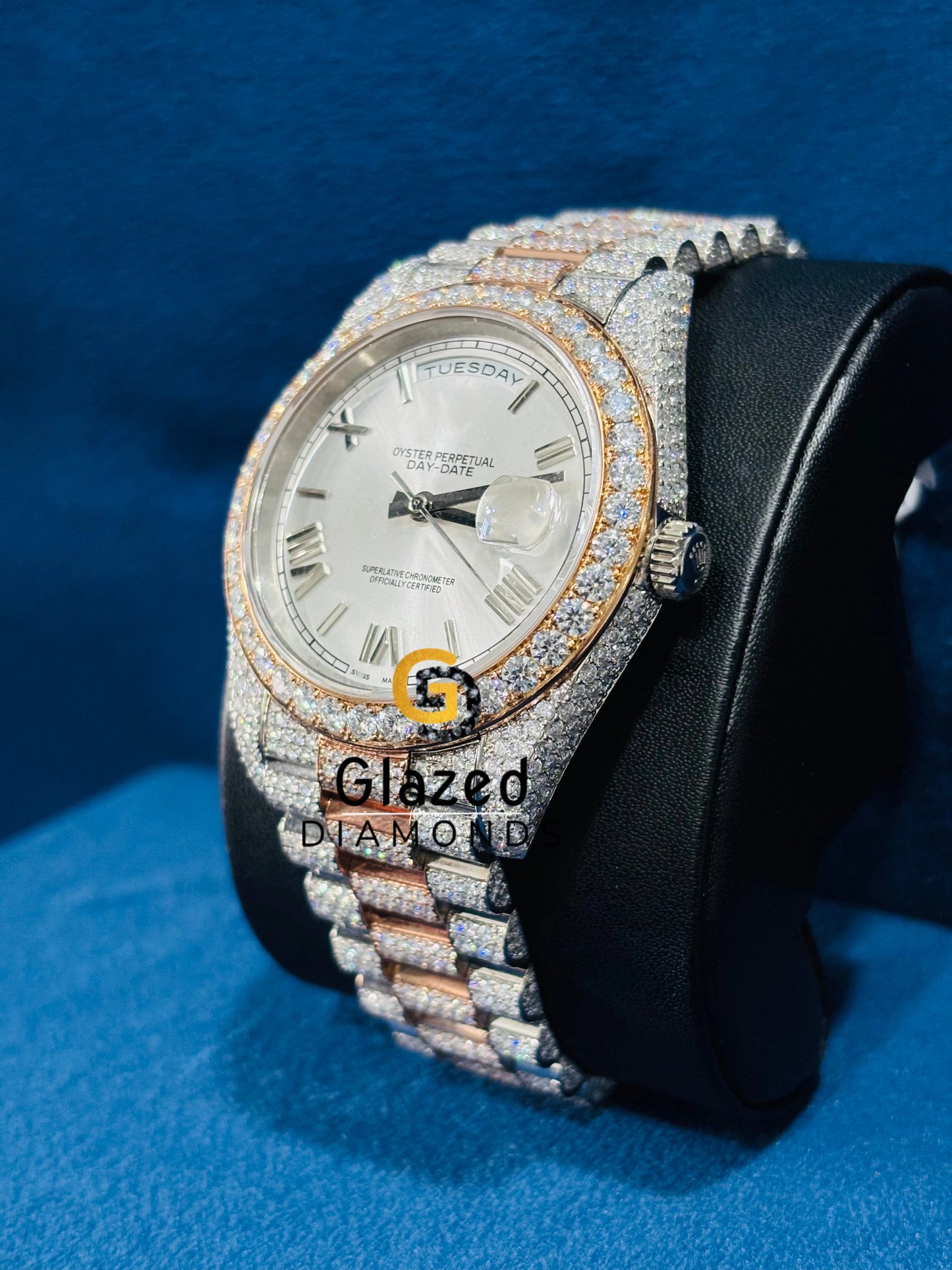 Two Tone Light Silver Sunburst Dial Moissanite Watch