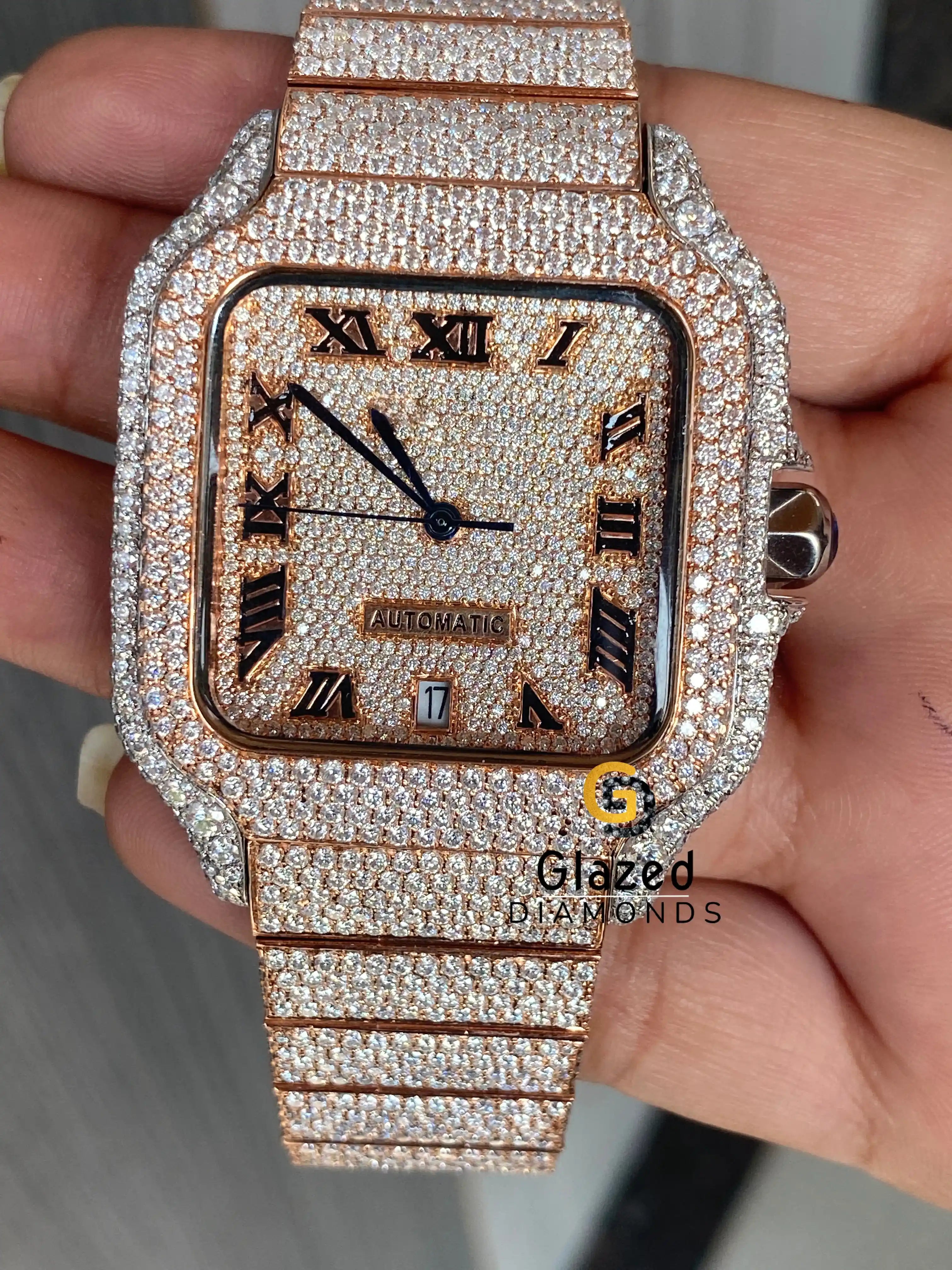 Roman Numeral Rose Two Tone Luxury Rappers Moissanite Watch