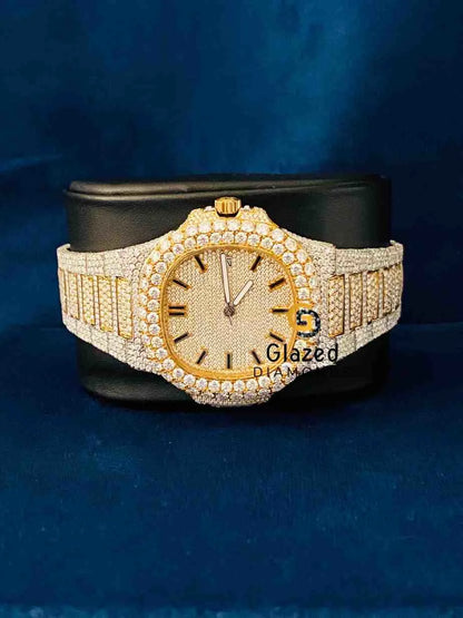 Two Tone Black Bar Dial Moissanite Wrist Watch