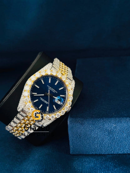 Two Tone Blue Dial Iced Out Moissanite Watch