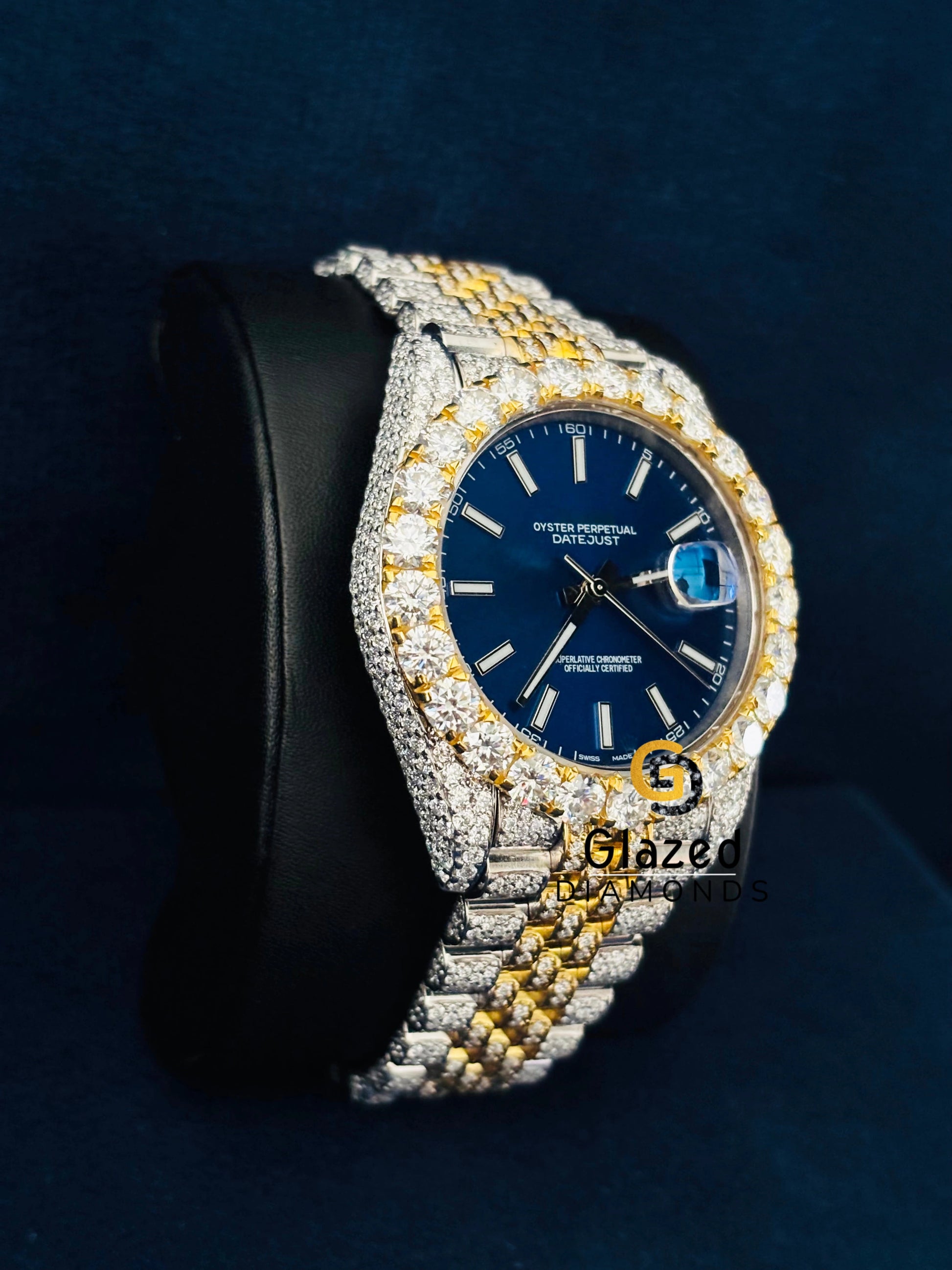Two Tone Blue Dial Studded Iced Out Moissanite Watch