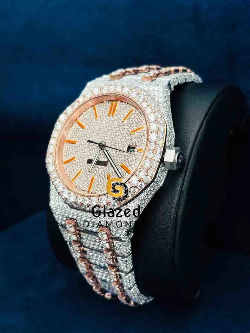 Two Tone Fully Diamond Studded Orange Bar Hip Hop Moissanite Watch