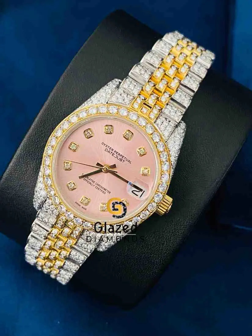 Two Tone Fully Iced Out Pink Dial Moissanite Watch