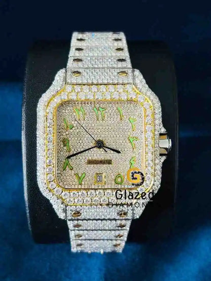 Two Tone Green Arabic Number Dial Moissanite Watch 