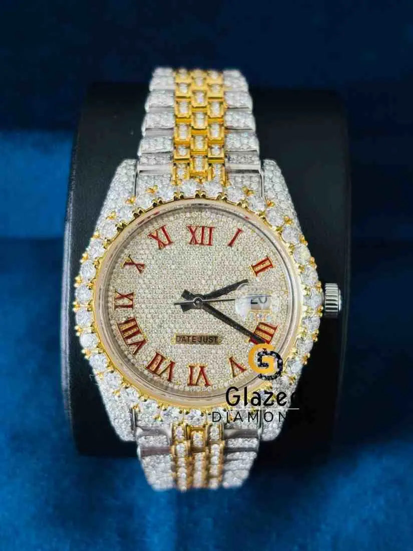 Two Tone Red Roman Dial Moissanite Rolex Watch