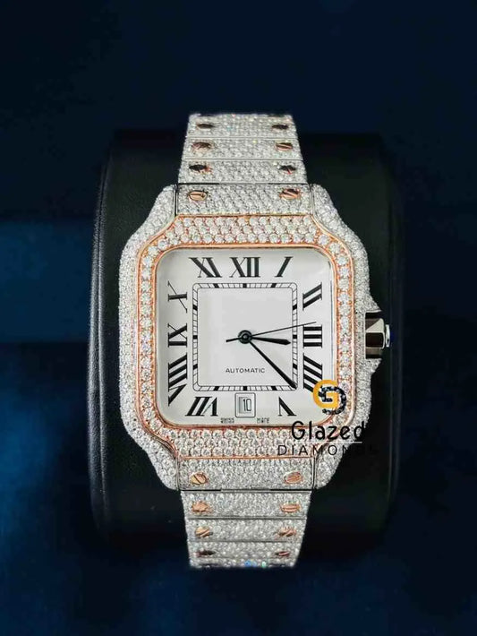 Two Tone Roman Number Dial Iced Out Moissanite Watch