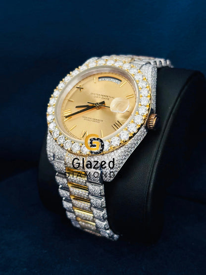 Two Tone Roman Number Iced Out Moissanite Watch
