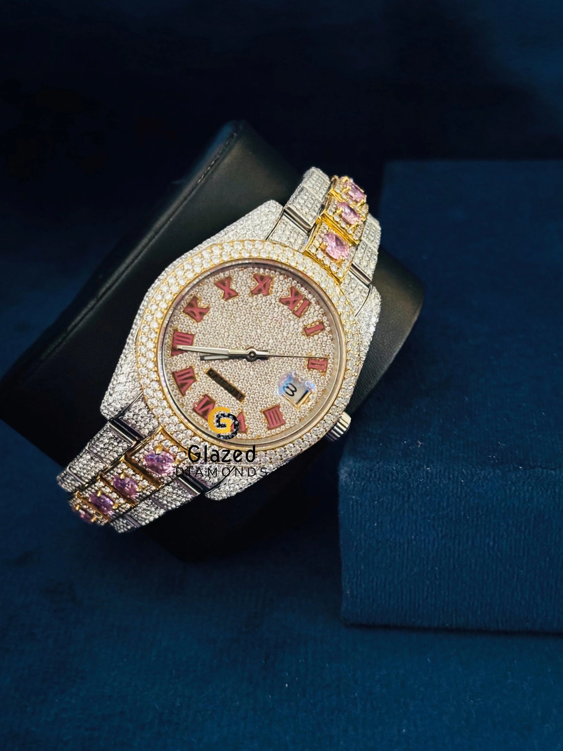 Two Tone Roman Number Iced Out Pink Moissanite Watch